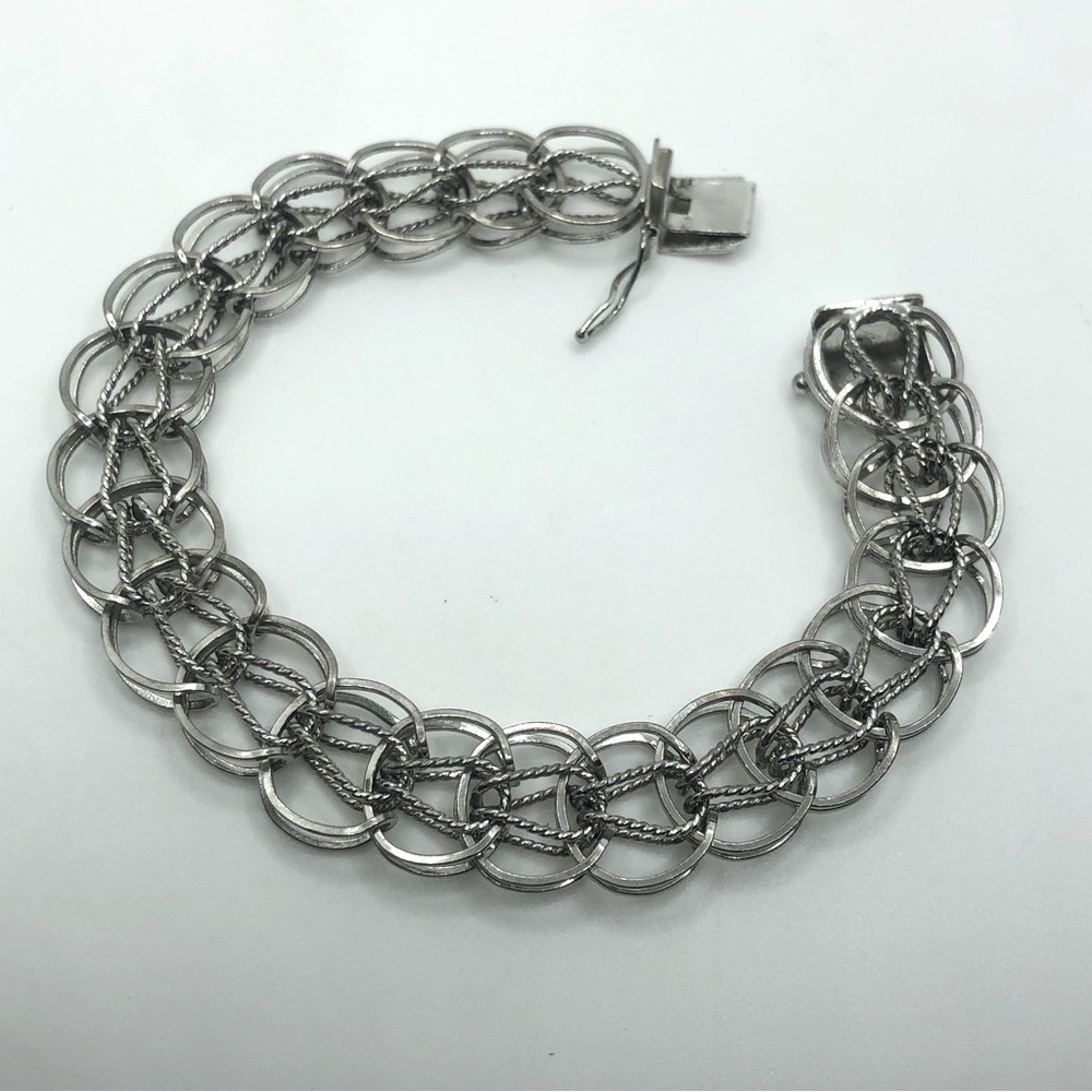 VTG Sterling Silver Woven Link Charm Bracelet Sliding Clasp 7.5” L / .5” W / 17g